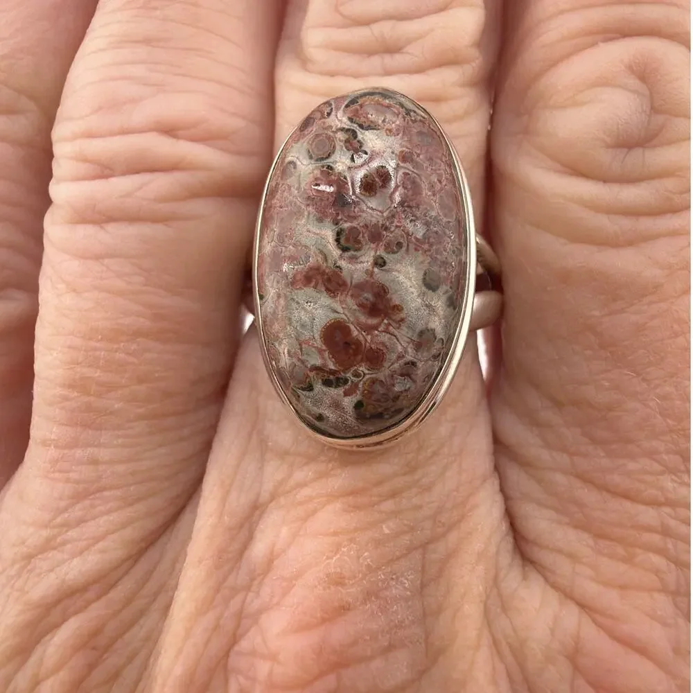 Oval Leopard Skin Jasper Sterling Silver Ring Artisan Jewelry 7.5
